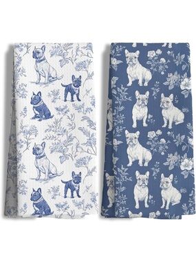 New French Bulldog Kitchen Hand Towel Set (2) Chinoise Blue White Cook Bake